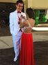 A Line One Shoulder Red Chiffon Prom Dress with Beadings LBQ0231